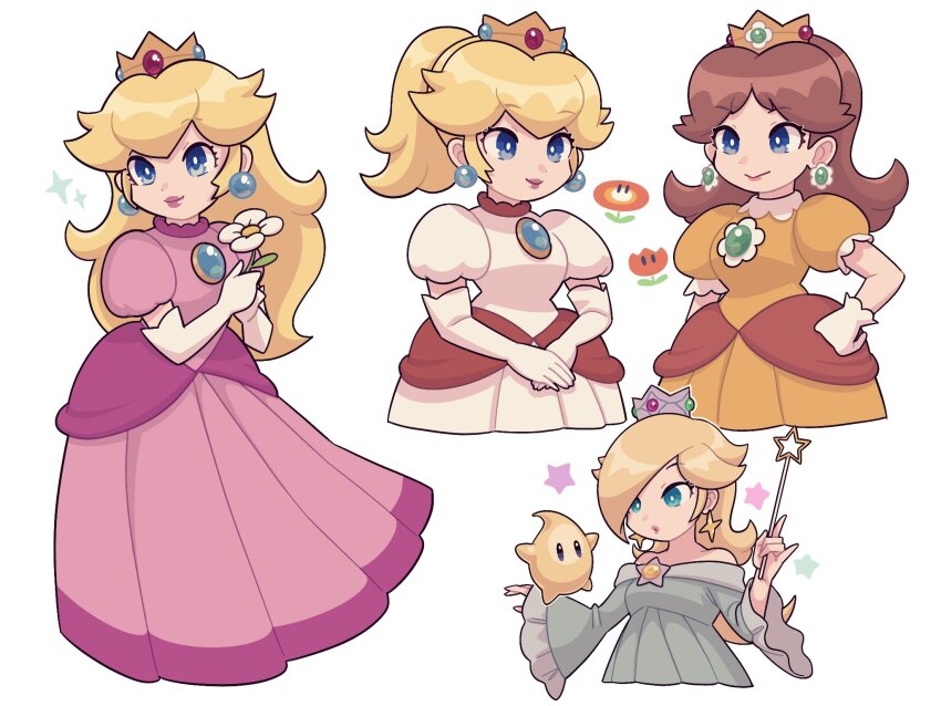 3girls an-chan_(ananna0315) blonde_hair blue_dress blue_eyes brooch brown_hair crown dress earrings elbow_gloves fire_flower fire_peach flower flower_brooch flower_earrings gloves highres holding holding_flower holding_wand jewelry long_hair luma_(mario) mario_(series) multiple_girls multiple_views nintendo off-shoulder_dress off_shoulder orange_dress pink_dress ponytail princess_daisy princess_peach puffy_short_sleeves puffy_sleeves rosalina short_sleeves simple_background smile sparkle star_(symbol) star_earrings star_wand wand white_background white_gloves
