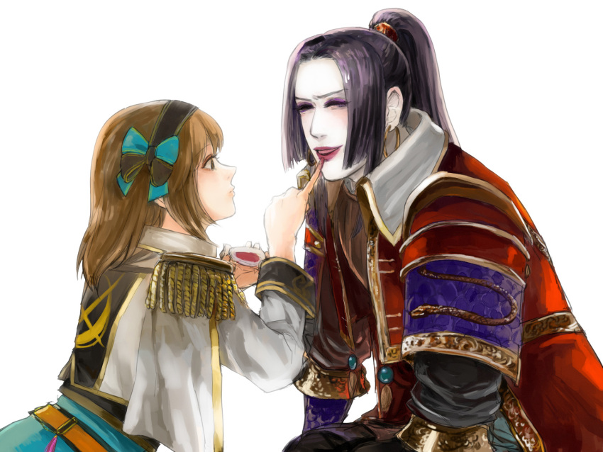 applying_makeup armor black_hair brown_eyes brown_hair closed_eyes earrings epaulettes facepaint hair_ribbon hairband high_collar highres japanese_clothes jewelry lipstick long_hair makeup medium_hair parted_bangs pinky_out ponytail protagonist_(sengoku_musou_chronicle) ribbon sasaki_kojirou sengoku_musou sengoku_musou_chronicle