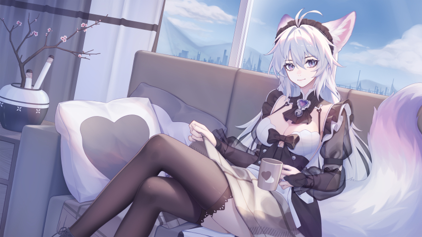 1girl absurdres ahoge animal_ears bell black_bow black_thighhighs bow breasts chinese_commentary cleavage closed_mouth couch crossed_legs cup curtains cushion feet_out_of_frame fox_ears fox_tail hair_between_eyes highres holding holding_cup large_breasts legs long_hair long_sleeves looking_at_viewer luo_shun_yao maid maid_headdress md5_mismatch meng_xi_xuan neck_bell original purple_eyes resolution_mismatch revision see-through_clothes see-through_sleeves shoes sitting smile solo source_smaller tail thighhighs white_hair window