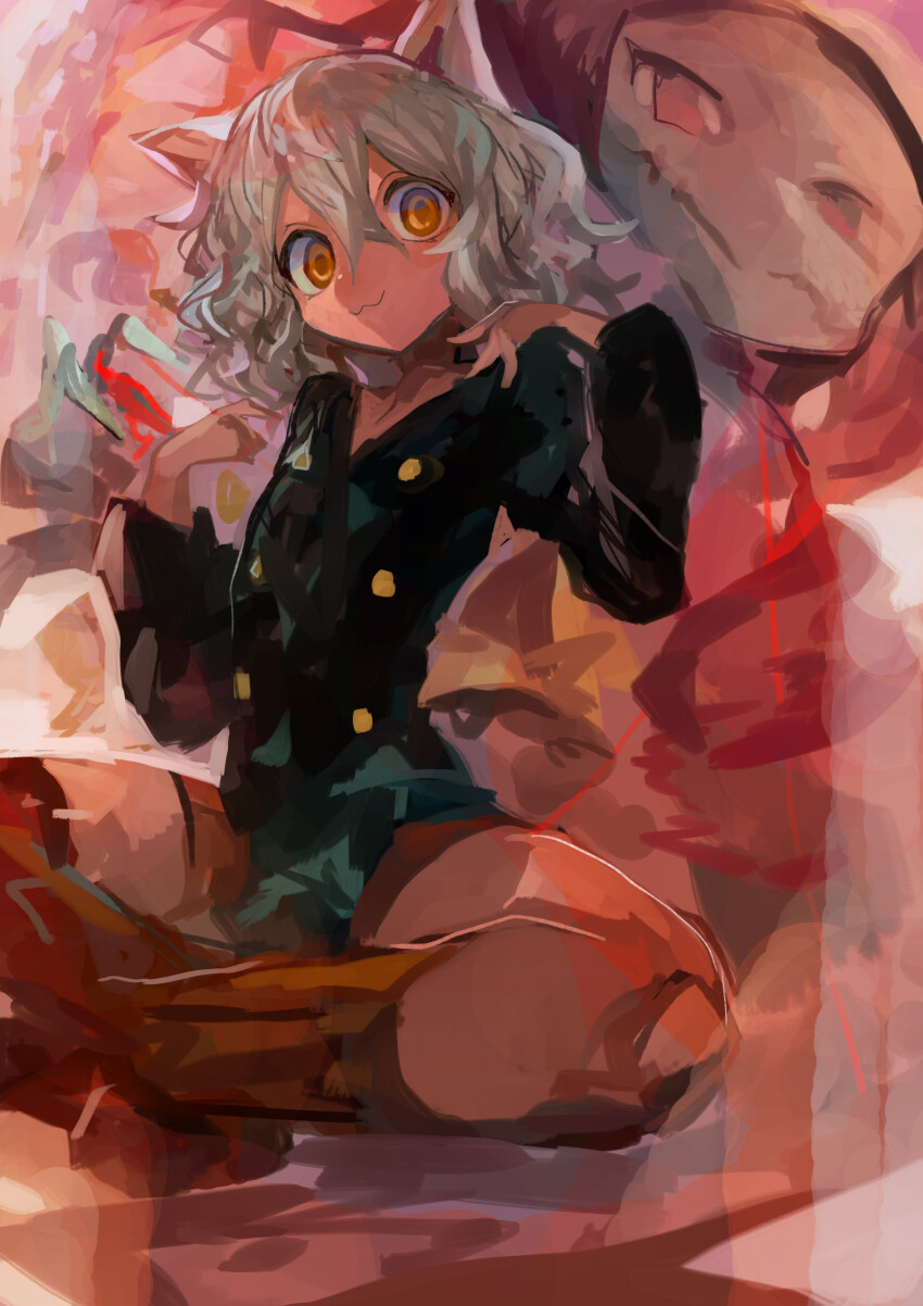 1girl 1other :3 absurdres animal_ears black_jacket brown_shorts brown_socks doll_joints grey_hair hair_between_eyes highres hunter_x_hunter jacket joints kaamin_(mariarose753) long_sleeves looking_at_viewer medium_hair neferpitou orange_eyes shorts sitting socks terpsichora
