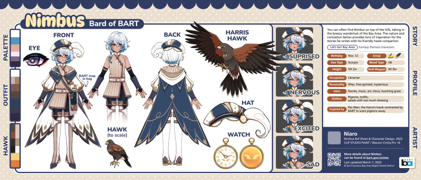 1boy artist_name bay_area_rapid_transit belt bird black_pants blue_hair boots braid brown_vest color_guide english_text expression_chart full_body gradient_hair hat hawk highres long_hair looking_at_viewer multicolored_hair multiple_views niaro nimbus_(bart) pants pocket_watch purple_eyes reference_sheet single_braid thigh_boots vest watch white_boots white_hair