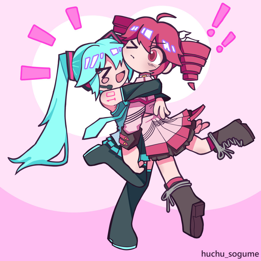 &gt;_&lt; &gt;_o 2girls absurdres aqua_hair artist_name black_boots blush_stickers boots closed_eyes closed_mouth detached_sleeves drill_hair full_body hatsune_miku highres huchu_(huchu_sogume) hug kasane_teto kasane_teto_(sv) lace-up_boots long_hair miniskirt multiple_girls one_eye_closed open_mouth pink_background red_eyes red_hair single_blush_sticker skirt smile standing standing_on_one_leg synthesizer_v twin_drills twintails utau vocaloid
