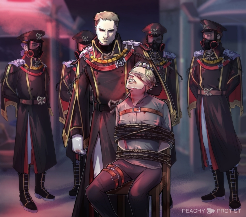 5boys arms_behind_back black_boots black_coat black_hat blindfold blonde_hair blood blood_on_face blurry boots bound bound_arms buttons chain chair coat commentary double-breasted emblem english_commentary epaulettes feet_out_of_frame full_body gas_mask gloves gold_trim grey_hair grey_shirt hat interrogation looking_at_another male_focus mask military_hat military_uniform multiple_boys pants pants_tucked_in peachyprotist peaked_cap ragnarok_online rebellion_(ragnarok_online) shirt short_bangs short_hair sitting standing tied_up_(nonsexual) white_gloves white_pants