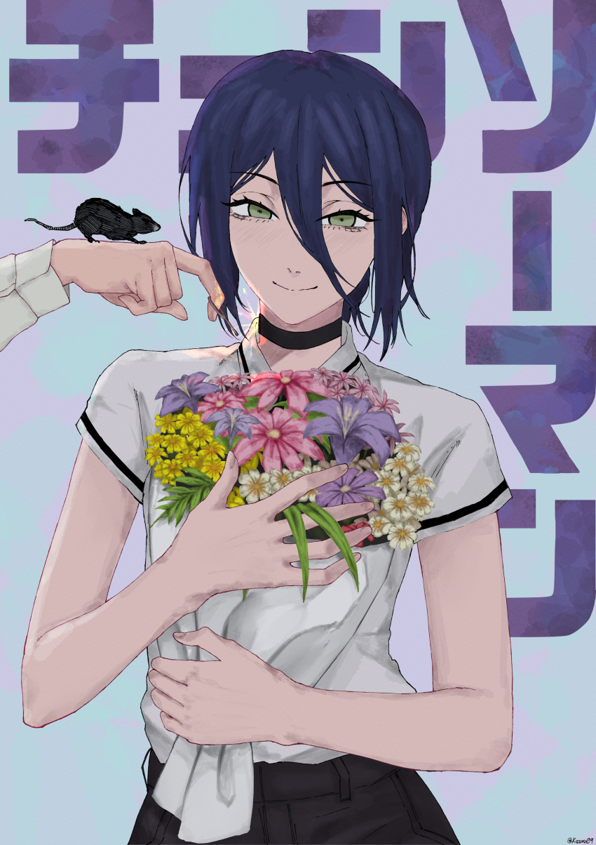 2girls absurdres animal animal_on_hand black_shorts blue_hair bouquet chainsaw_man closed_mouth flower green_eyes hair_between_eyes highres holding holding_bouquet kizuru09 looking_at_viewer makima_(chainsaw_man) mouse_(animal) mouse_on_hand multiple_girls pink_flower purple_flower reze_(chainsaw_man) shirt shirt_tucked_in shorts smile solo_focus white_shirt yellow_flower