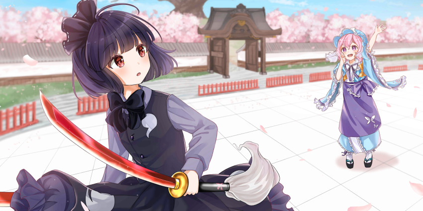 2girls aged_down alternate_color animal_print apron black_bow black_bowtie black_skirt black_vest blue_hat blue_kimono blurry blush bow bowtie buntason_(buritarooooo) butterfly_print cherry_blossoms child collared_shirt commentary depth_of_field dual_wielding english_commentary falling_petals frilled_kimono frills game_cg grey_shirt hat highres hitodama_print holding holding_sword holding_weapon japanese_clothes kimono konpaku_youmu konpaku_youmu_(mysterious_sword_master) long_sleeves mob_cap multiple_girls multiple_swords neck_ribbon official_art open_mouth outdoors petals pink_eyes pink_hair pink_petals purple_apron purple_hair red_eyes ribbon saigyou_ayakashi saigyouji_yuyuko saigyouji_yuyuko_(tiny_ghost_mistress) shirt skirt smile sword third-party_source touhou touhou_lostword tree triangular_headpiece vest weapon wide_sleeves