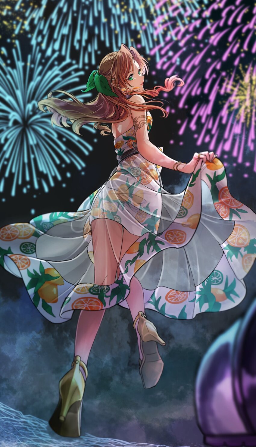 1boy 1girl 26caaan aerith_gainsborough aerith_gainsborough_(citric_dress) armlet bare_shoulders blurry blurry_foreground bracelet breasts brown_hair clothes_lift cloud_strife cloud_strife_(maritime_sailor) dress dress_lift earrings feet_out_of_frame final_fantasy final_fantasy_vii final_fantasy_vii_ever_crisis fireworks food-themed_earrings food_print food_themed_earrings fruit_print gold_footwear green_eyes green_ribbon hair_ribbon half_updo high_heels highres jewelry long_dress long_hair looking_at_viewer looking_back medium_breasts official_alternate_costume orange-shaped_earrings orange_print parted_bangs print_dress ribbon ring see-through_clothes see-through_skirt sidelocks skirt steel-toe_boots strapless strapless_dress wavy_hair