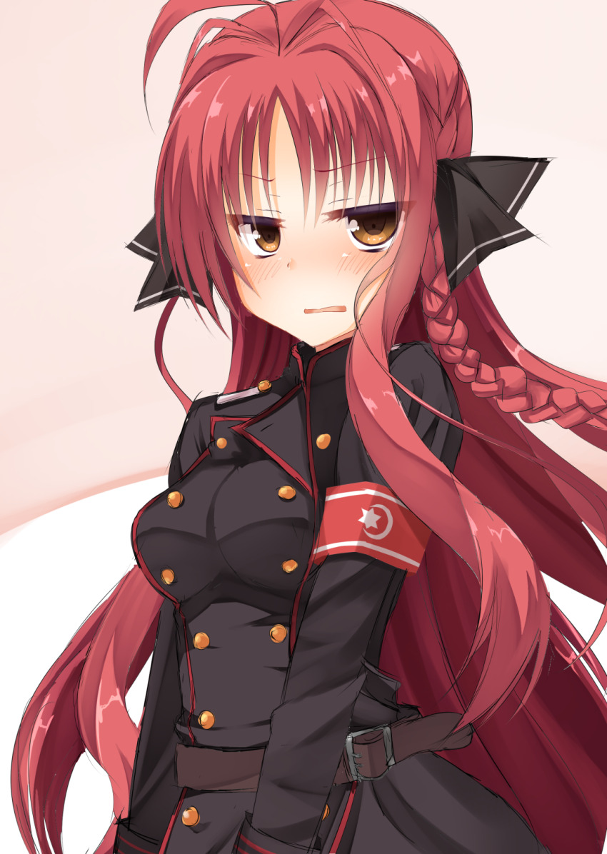 1girl antenna_hair armband belt black_jacket black_ribbon blush braid breasts brown_belt brown_eyes buttons clip_studio_paint_(medium) commentary_request cowboy_shot double-breasted dracu-riot! frown hair_intakes hair_ribbon highres jacket jitome long_hair long_sleeves looking_at_viewer makochan42 medium_breasts open_mouth pink_background red_armband red_hair ribbon sidelocks simple_background single_braid solo two-tone_background v-shaped_eyebrows variant_set very_long_hair white_background yarai_miu