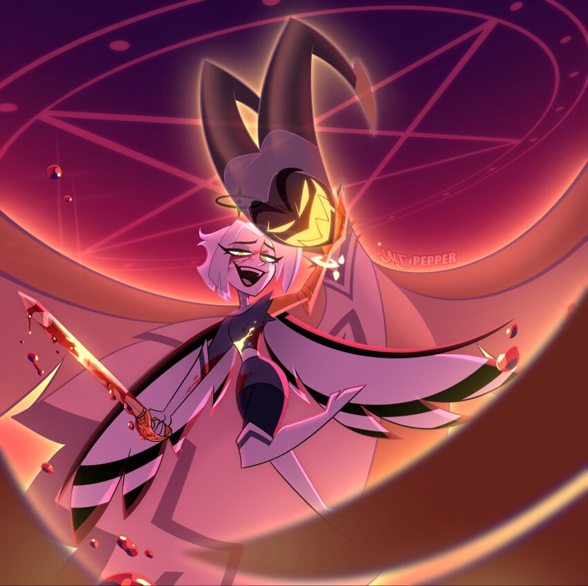 1boy 1girl adam_(hazbin_hotel) angel black_dress black_pants blood blood_on_face boots dress glowing glowing_eyes grin halo hazbin_hotel hellaverse helm helmet highres holding holding_sword holding_weapon horns lute_(hazbin_hotel) pants pentagram saitypepper short_dress short_hair smile sword teeth weapon white_boots white_hair wings