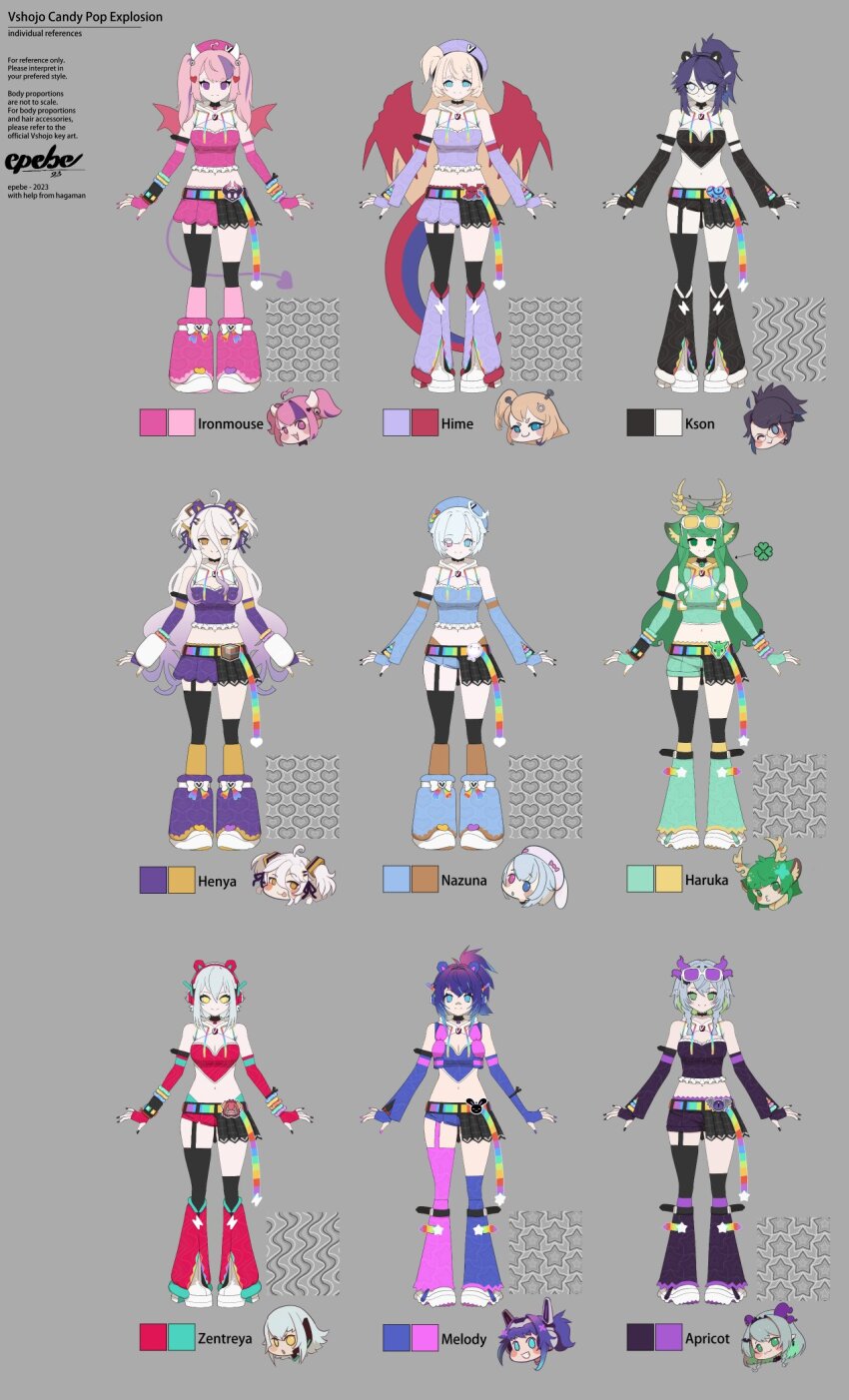 6+girls amemiya_nazuna angel angel_wings animal_ears antlers apricot_the_lich beret black_nails black_skirt black_thighhighs blue_eyes blue_hair boots character_name copyright_logo copyright_name deer_ears demon_girl demon_horns demon_wings dragon_girl dragon_tail dragon_wings epebe fingerless_gloves gloves green_eyes green_hair green_leg_warmers grey_hair haruka_karibu hat henya_the_genius heterochromia highres hime_hajime horns ironmouse jacket kson leg_warmers leggings long_hair melody_(projektmelody) multicolored_hair multiple_girls nail_polish official_art pink_eyes pink_hair pink_nails ponytail purple_gloves purple_hair purple_jacket purple_leggings red_leg_warmers red_shirt red_shorts reference_sheet reindeer_antlers reindeer_girl shirt shorts sidelocks skirt smile streaked_hair tail thighhighs two_side_up very_long_hair virtual_youtuber vshojo vshojo_idol_uniform_(candy_pop) white_boots white_hat wings zentreya zentreya_(cyborg)