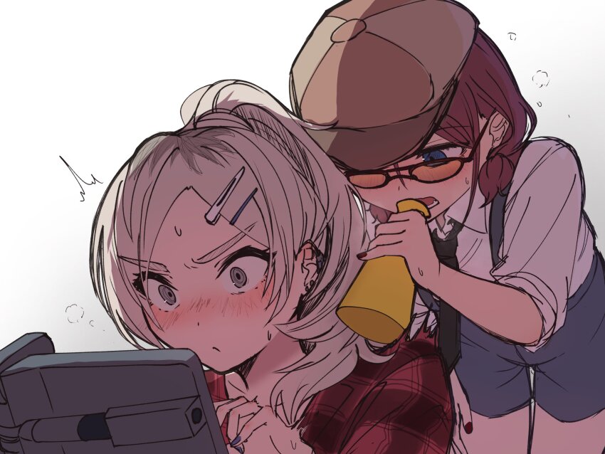 2girls ayataka_syumimi black_jacket blue_eyes blue_nails blue_shorts brown_hair commentary fang girls_band_cry grey_eyes grey_hair hair_ornament hairclip highres iseri_nina jacket kawaragi_momoka lower_teeth_only multiple_girls nail_polish open_mouth ponytail red_nails red_shirt shirt shorts simple_background suspenders sweat teeth white_background white_shirt