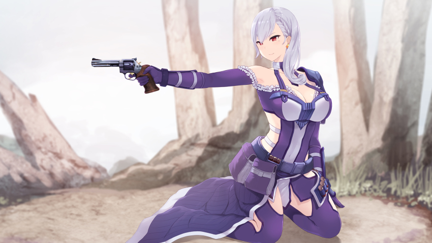1girl aiming belt blurry blurry_background breasts cait_aron cleavage closed_mouth covered_navel depth_of_field elbow_gloves gloves grey_hair gun handgun highres holding holding_gun holding_weapon kneeling large_breasts mole mole_under_eye pouch purple_gloves purple_thighhighs red_eyes revolver smile solo sword_art_online sword_art_online:_fatal_bullet thighhighs waist_cape weapon zeliska