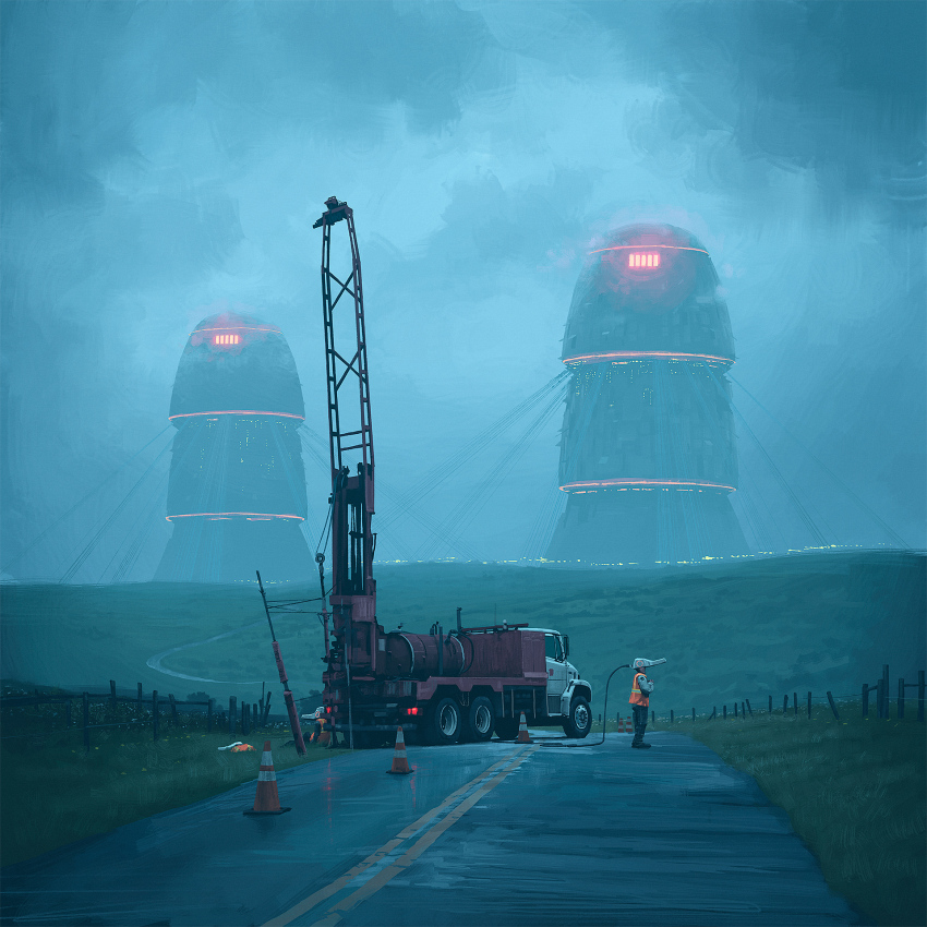 1boy architecture cable cloud cloudy_sky fence fog head-mounted_display highres motor_vehicle official_art road science_fiction simon_stalenhag sky the_electric_state traffic_cone truck wooden_fence