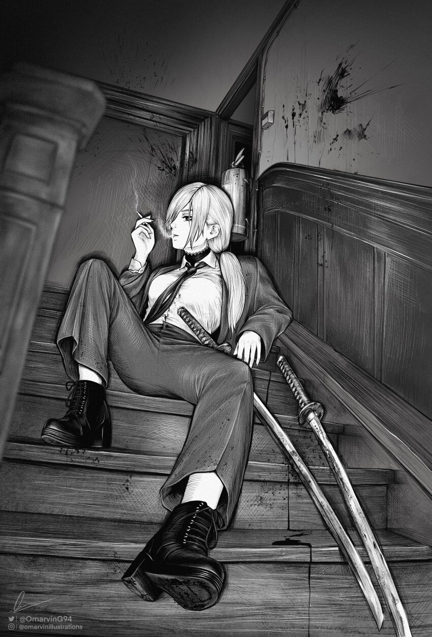 1girl absurdres black_necktie black_pants blood boots business_suit chainsaw_man cigarette collared_shirt dress_shirt formal_clothes greyscale high-waist_pants highres holding holding_cigarette marvin_(omarvin) monochrome necktie one_eye_covered pants ponytail quanxi_(chainsaw_man) shirt shirt_tucked_in sitting sitting_on_stairs smoking solo stairs suit sword weapon white_shirt