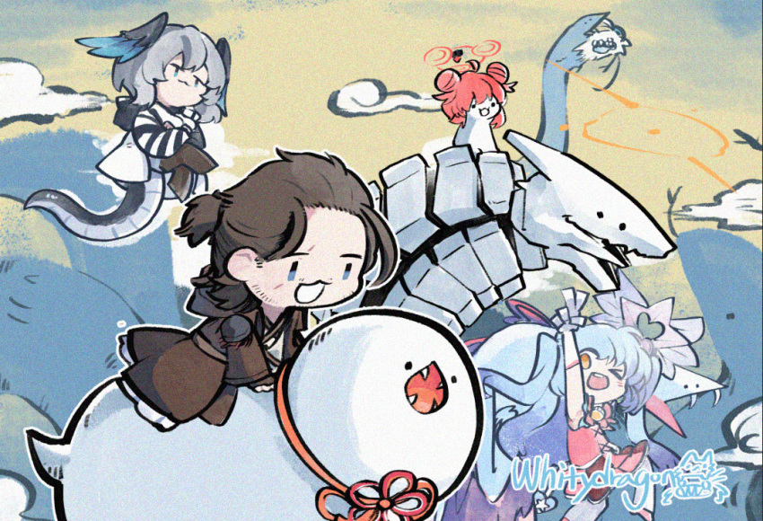 &gt;_o 1boy 3girls :3 arknights binah_(blue_archive) blue_archive blue_hair character_request chinese_zodiac closed_mouth commentary copyright_request crossover double_bun english_commentary final_fantasy final_fantasy_xiv grey_hair hair_bun halo ho&#039;olheyak_(arknights) maki_(blue_archive) multiple_crossover multiple_girls one_eye_closed open_mouth orange_halo red_hair red_halo short_hair signature teeth upper_teeth_only v whitydragon year_of_the_snake