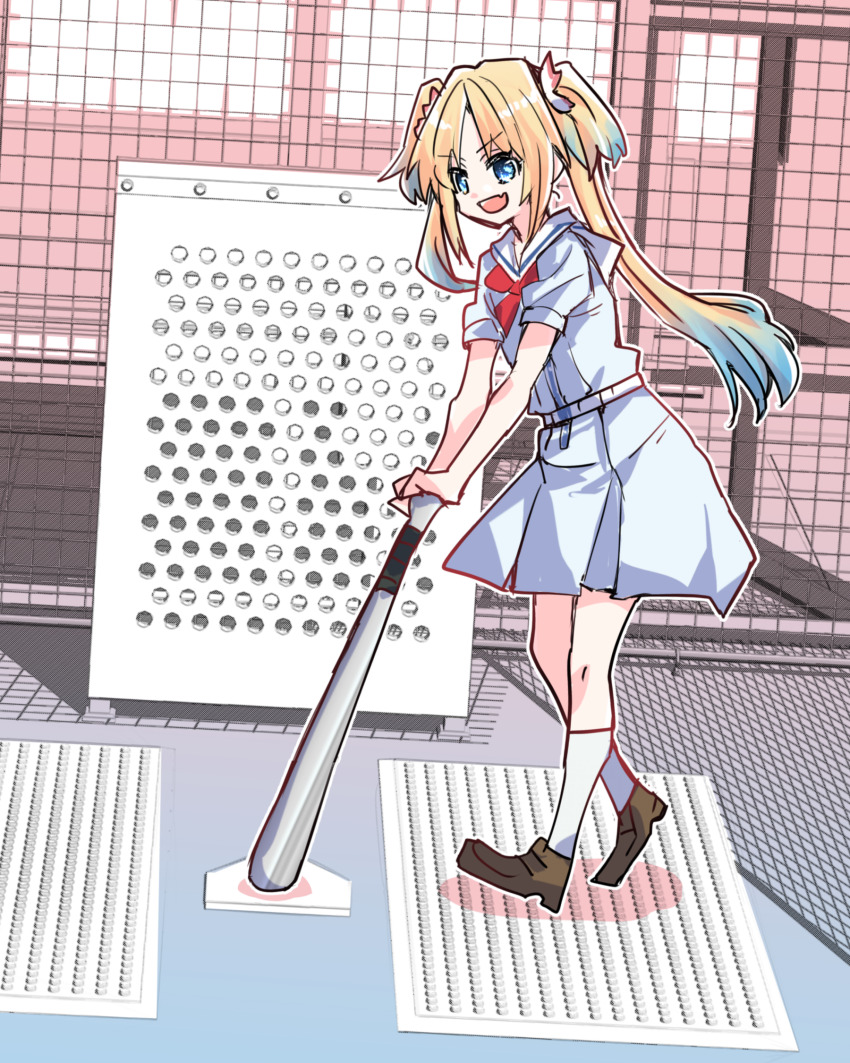1girl :d aluminum_bat batting_cage blonde_hair blue_eyes blue_hair brown_dress brown_shoes commentary_request dress flower full_body gradient_hair hair_flower hair_ornament hasu_no_sora_school_uniform highres kanduki_kamibukuro link!_like!_love_live! loafers long_hair looking_at_viewer love_live! medium_dress multicolored_hair neckerchief open_mouth osawa_rurino parted_bangs pink_flower pleated_dress puffy_short_sleeves puffy_sleeves red_neckerchief sailor_collar sailor_dress school_uniform shadow shoes short_sleeves smile socks solo summer_uniform twintails v-shaped_eyebrows virtual_youtuber white_sailor_collar white_socks