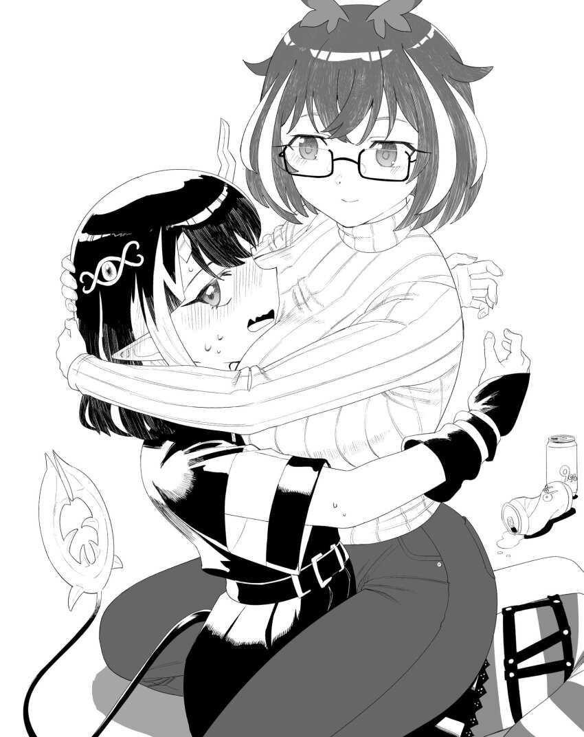 2girls belt between_breasts blush breasts buren can closed_mouth commentary_request crushed_can demon_girl demon_horns demon_tail drink_can eye_hair_ornament face_between_breasts fang feet_out_of_frame glasses greyscale head_between_breasts head_wings highres horns hug large_breasts long_sleeves looking_at_viewer looking_to_the_side monochrome multicolored_hair multiple_girls nanashi_inc. official_alternate_costume open_mouth oura_rukako pointy_ears shishio_chris shishio_chris_(3rd_costume) short_hair short_sleeves simple_background sitting sitting_on_lap sitting_on_person smile soda_can sweater tail two-tone_hair virtual_youtuber wings yuri