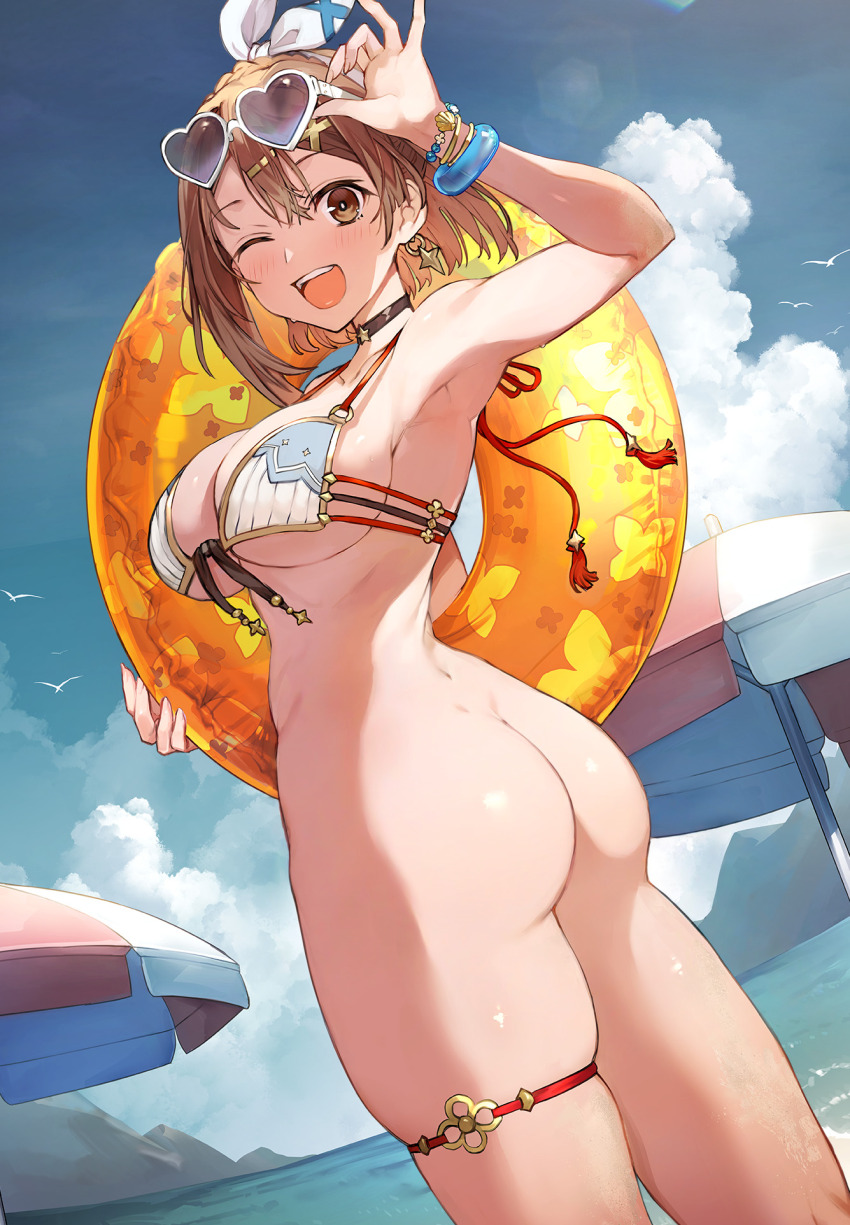 1girl ;d adjusting_eyewear arm_up armpits ass atelier_(series) atelier_ryza atelier_ryza_3 bare_shoulders beach beach_umbrella bikini bikini_top_only bird blue_sky blush bottomless bracelet braid breasts brown_eyes brown_hair choker cleavage cloud day earrings eyewear_on_head from_behind hair_between_eyes hair_ornament hairband hairclip halterneck hat heart heart-shaped_eyewear highres holding holding_swim_ring innertube jewelry large_breasts looking_at_viewer looking_back nude_filter ocean one_eye_closed open_mouth outdoors reisalin_stout ribbon short_hair skindentation sky smile solo star_(symbol) star_earrings sunglasses swim_ring swimsuit teeth thick_thighs thigh_strap thighs third-party_edit toridamono twisted_torso umbrella upper_teeth_only white_bikini