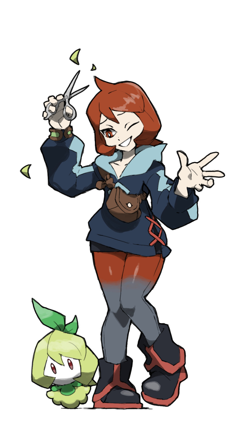 alternate_hairstyle arezu_(pokemon) black_boots blacknirrow blue_shirt boots brown_bag full_body gen_5_pokemon highres holding holding_scissors matching_hairstyle nintendo one_eye_closed pantyhose petilil plant_hair pokemon pokemon_(creature) pokemon_legends:_arceus red_eyes red_hair scissors shirt short_hair simple_background smile standing white_background