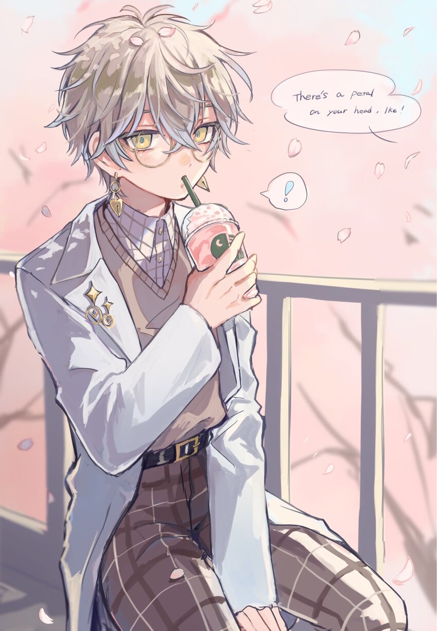 ! 1boy belt black_belt blue_jacket brown_pants cherry_blossoms collared_shirt cup disposable_cup drinking drinking_straw earrings english_text falling_petals glasses highres holding holding_cup ike_eveland jacket jewelry long_sleeves male_focus ngron027 nijisanji nijisanji_en pants petals plaid_clothes plaid_pants round_one shirt sitting speech_bubble spoken_exclamation_mark sweater_vest virtual_youtuber white_shirt