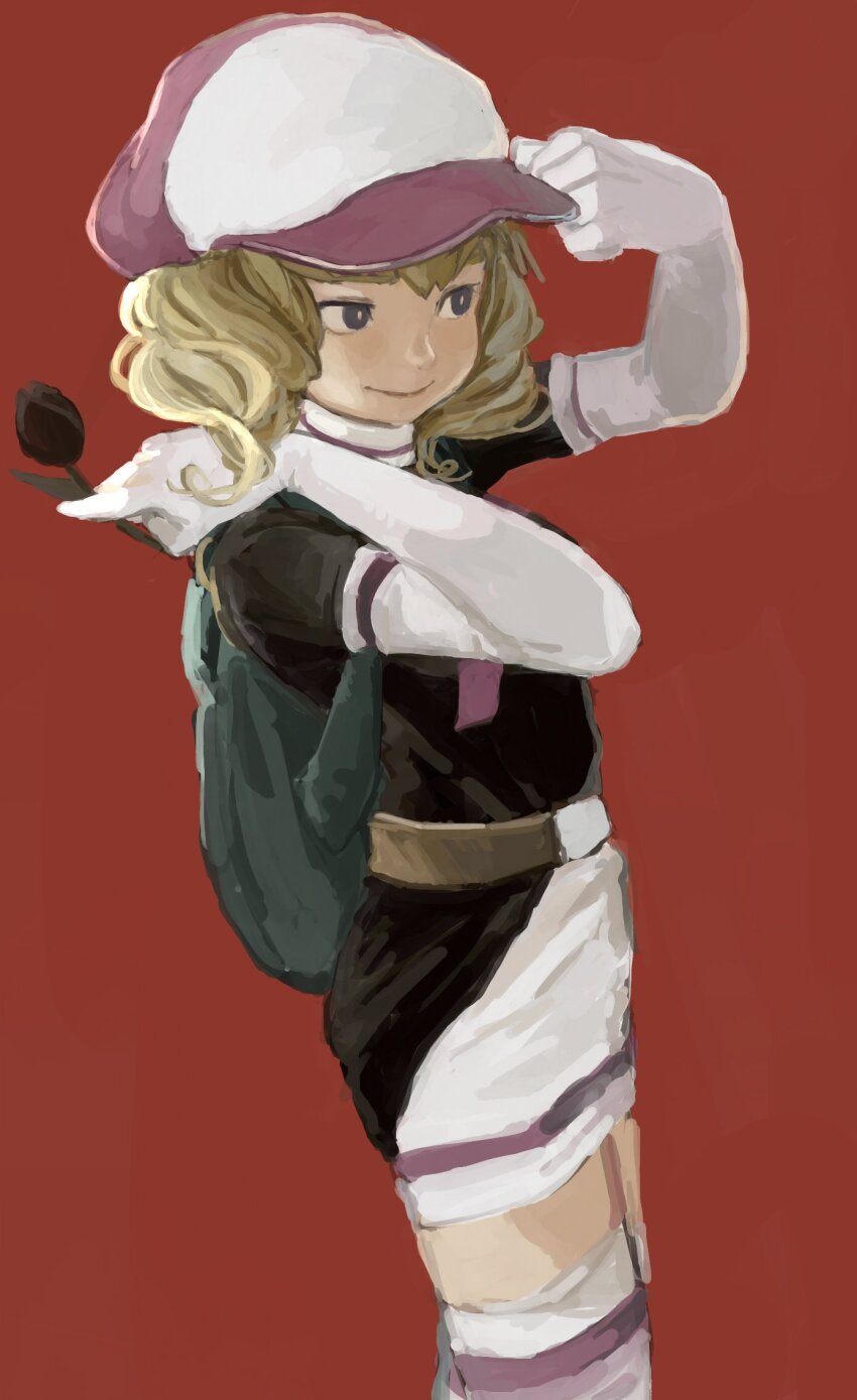 1girl backpack bag black_eyes black_flower black_tulip blonde_hair bright_pupils domino_(pokemon) elbow_gloves feet_out_of_frame flower gloves highres holding holding_flower kmusy_mp4 nintendo pokemon pokemon_(anime) pokemon_(classic_anime) red_background smile solo team_rocket team_rocket_uniform tulip white_gloves white_pupils