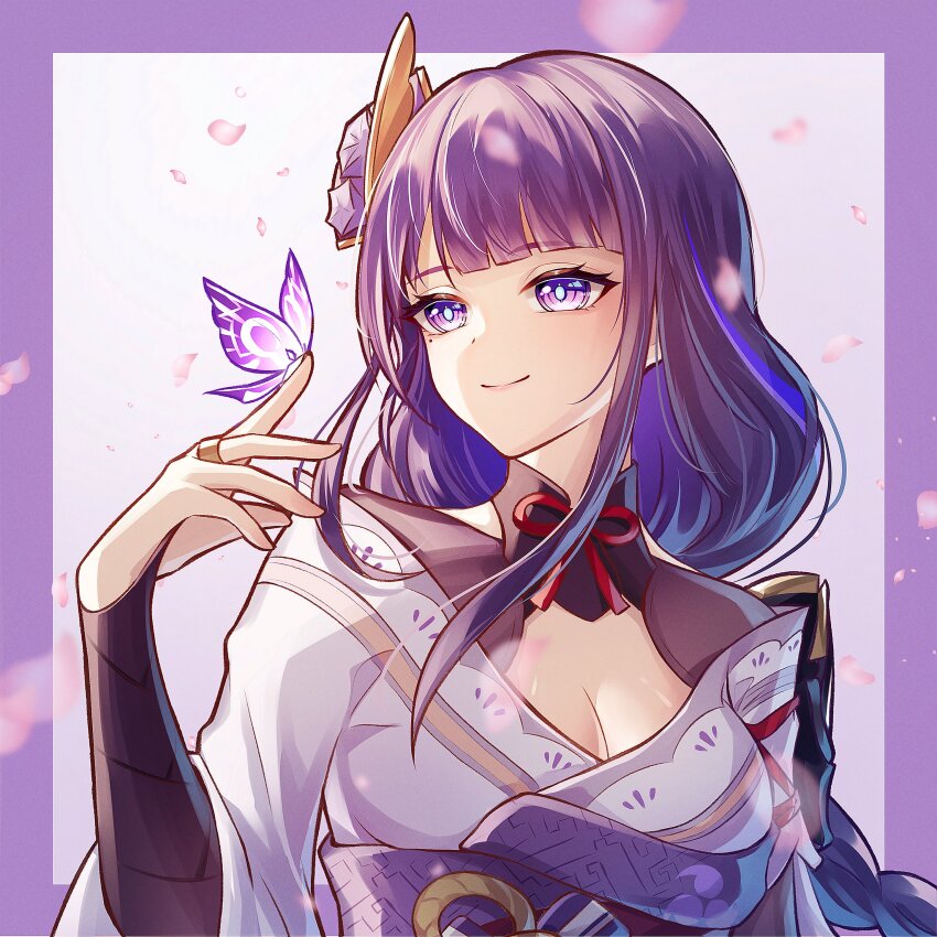 1girl absurdres armor blue_pupils blunt_bangs braid breasts bridal_gauntlets bug butterfly butterfly_on_hand cleavage closed_mouth clothing_cutout commentary_request eyeliner falling_petals fan_hair_ornament genshin_impact glowing_butterfly gradient_background hair_ornament happy_birthday head_tilt highres insect japanese_clothes kimono large_breasts light_smile long_braid long_hair looking_at_animal looking_down looking_to_the_side makeup mitsudomoe_(shape) mole mole_under_eye motion_blur neck_ribbon off_shoulder petals pink_lips pink_petals purple_background purple_butterfly purple_kimono purple_sash raiden_shogun red_eyeliner red_ribbon ribbon sash shade shoulder_armor shoulder_cutout single_braid solo tomoe_(symbol) upper_body yuno_kaihara
