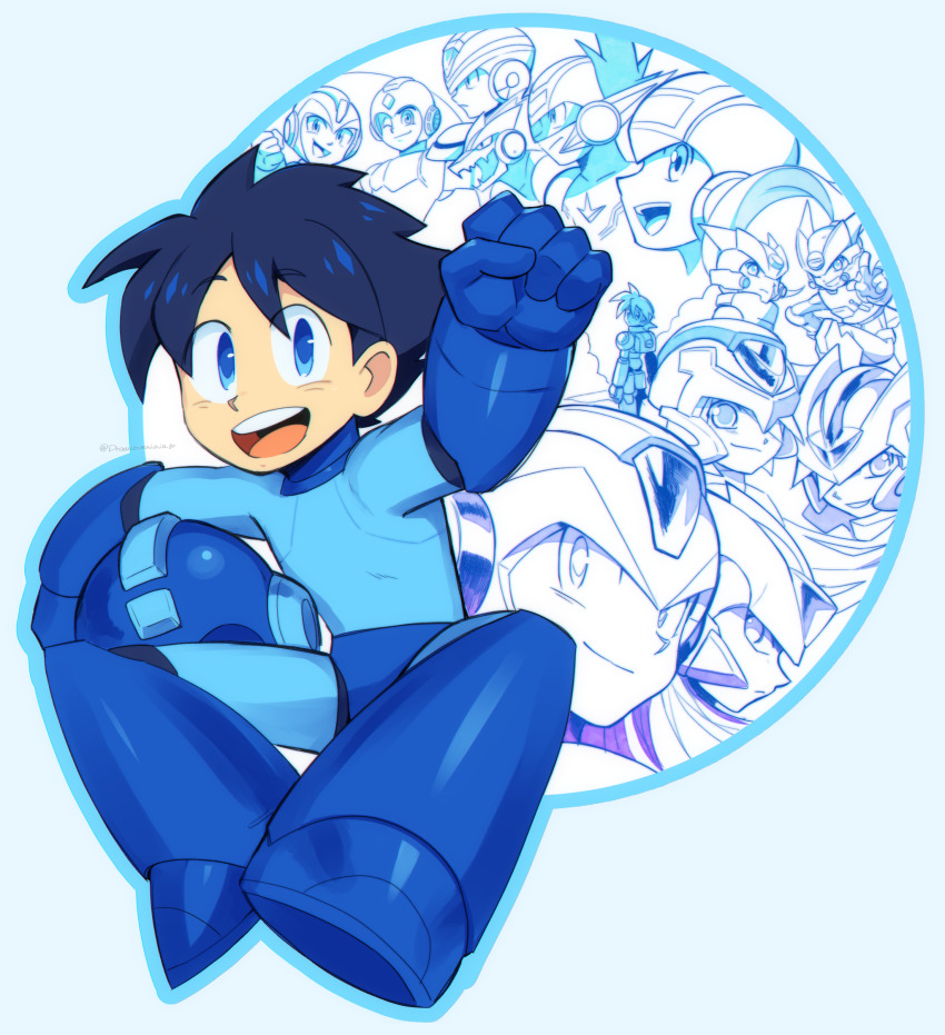 6+boys android black_hair blue_bodysuit blue_eyes blue_footwear blue_gloves blue_helmet bodysuit boots clenched_hand commentary drawloverlala english_commentary geo_stelar_(mega_man) gloves helmet highres holding holding_helmet male_focus mega_man_(character) mega_man_(classic) mega_man_(ruby-spears) mega_man_(series) mega_man_battle_network_(series) mega_man_day mega_man_legends_(series) mega_man_star_force_(series) mega_man_volnutt mega_man_x_(series) mega_man_zero_(series) megaman.exe multiple_boys robot smile spiked_hair star_force_mega_man teeth upper_teeth_only x_(mega_man) zero(z)_(mega_man) zero_(mega_man)