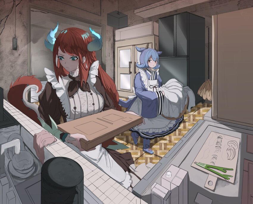 2girls apron bed_sheet blue_eyes blue_kimono blush breasts broom chef closed_mouth dragon_girl dragon_tail duel_monster eastern_dragon_horns frilled_apron frills hair_between_eyes highres holding holding_sheet japanese_clothes kimono kitchen kitchen_dragonmaid large_breasts laundry_dragonmaid long_hair long_sleeves looking_at_another maid maid_apron multiple_girls plate puffy_long_sleeves puffy_sleeves red_hair refrigerator short_twintails sink spring_onion tail twintails uragawai wa_maid white_apron yellow_eyes yu-gi-oh!