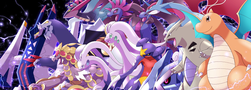 archaludon baxcalibur black_sclera brown_eyes claws closed_mouth colored_sclera commentary_request creatures_(company) dragapult dragonite dreepy electricity fangs fangs_out game_freak garchomp gen_1_pokemon gen_2_pokemon gen_3_pokemon gen_4_pokemon gen_5_pokemon gen_6_pokemon gen_7_pokemon gen_8_pokemon goodra highres hisuian_goodra hydreigon kommo-o looking_down maiko_(mimi) metagross nintendo no_humans open_mouth pokemon pokemon_(creature) salamence smile tongue tyranitar yellow_eyes