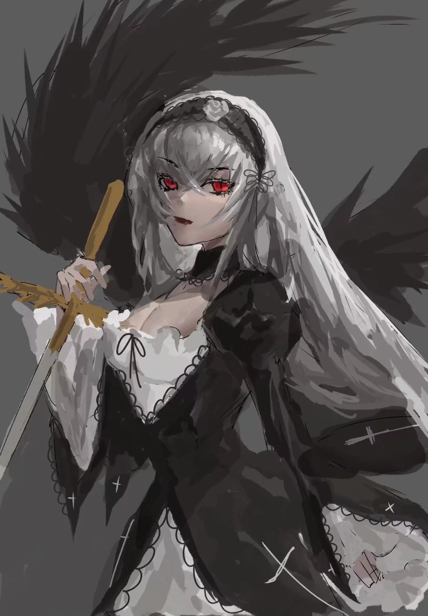 1girl black_dress breasts cleavage cleavage_cutout clothing_cutout dress feathered_wings grey_background highres holding holding_sword holding_weapon long_hair looking_at_viewer red_eyes rozen_maiden solo sword weapon white_hair wings yinggu