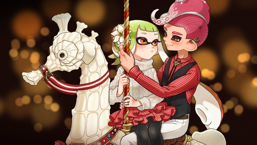 1boy 1girl alternate_hairstyle belt black_belt black_pantyhose black_vest blunt_bangs blurry blurry_background blush bolo_tie carousel collared_shirt commentary couple demon_girl earrings fish flower frilled_skirt frills green_hair hair_flower hair_ornament hair_up half-closed_eyes hetero holly_earrings inkling inkling_girl inkling_player_character jewelry layered_skirt long_hair long_sleeves looking_at_another mask mohawk nintendo octoling octoling_boy octoling_player_character orange_eyes pants pantyhose parted_lips pole red_hair red_shirt red_skirt ribbed_sweater ring seahorse shirt short_hair sitting sitting_on_lap sitting_on_person skirt smile splatoon_(series) striped_clothes striped_shirt striped_skirt sweater symbol-only_commentary tassel tentacle_hair turtleneck vertical-striped_clothes vertical-striped_shirt vertical-striped_skirt vest white_flower white_pants white_sweater yeneny