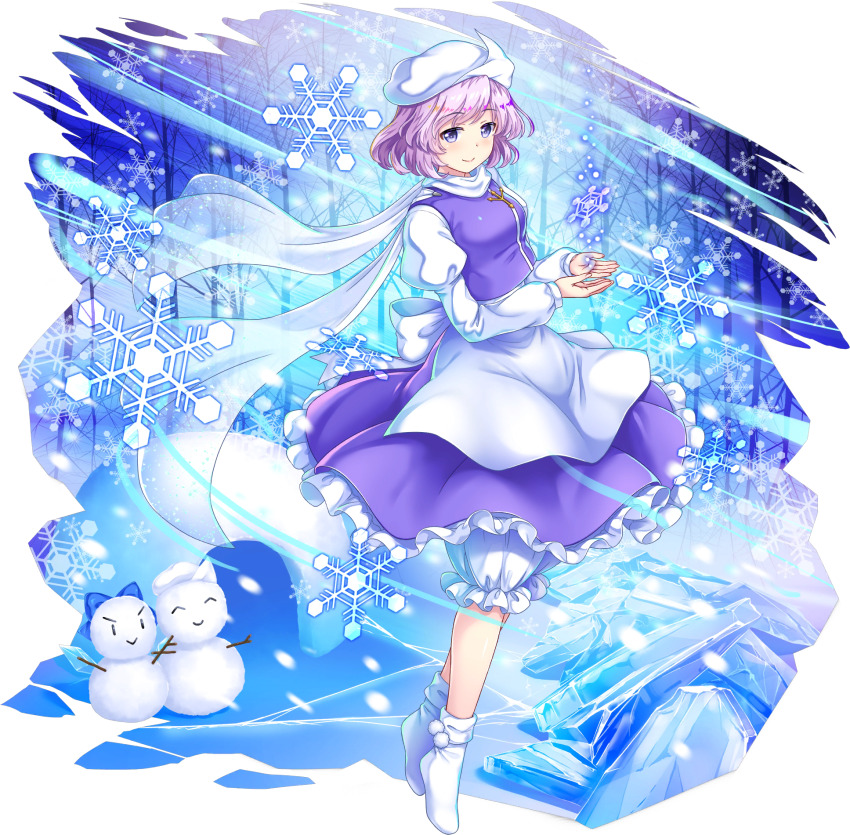 1girl apron back_bow bow breasts character_snowman cirno closed_mouth frilled_skirt frills full_body game_cg highres ice igloo juliet_sleeves lapel_pin letty_whiterock long_sleeves looking_at_viewer medium_hair official_art puffy_sleeves purple_eyes purple_hair purple_skirt purple_vest rotte_(1109) scarf see-through_clothes see-through_scarf skirt smile snow snow_shelter snowflakes snowman socks solo third-party_source touhou touhou_lostword transparent_background vest waist_apron white_apron white_bow white_scarf white_socks
