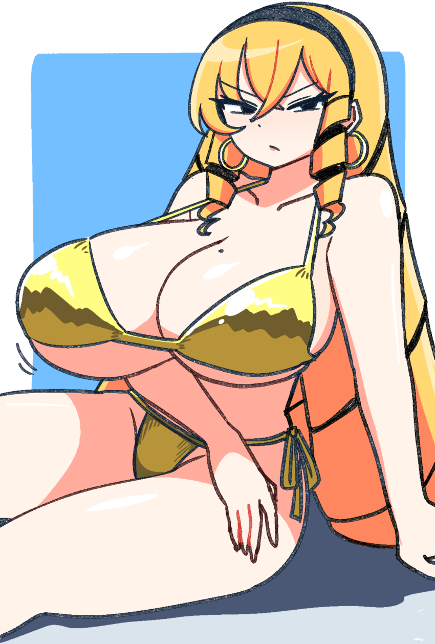 1girl bikini blonde_hair breasts drill_hair earrings gold_bikini highres jewelry kaneda_maria mole mole_on_breast mount_celeb_kaneda-san nyaromeron solo swimsuit
