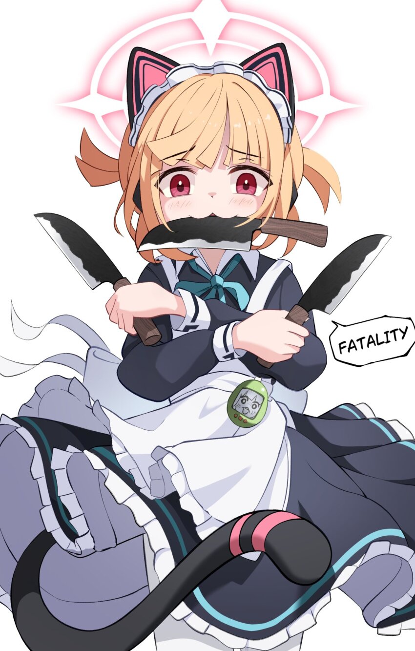 1girl animal_ear_headphones animal_ears apron biting black_dress blonde_hair blue_archive blush cat_ear_headphones cat_tail death_momoi_(meme) dress fake_animal_ears headphones highres knife looking_at_viewer momoi_(blue_archive) pantyhose red_eyes shijima_(shijima_tc) simple_background solo tail twitter white_background white_pantyhose