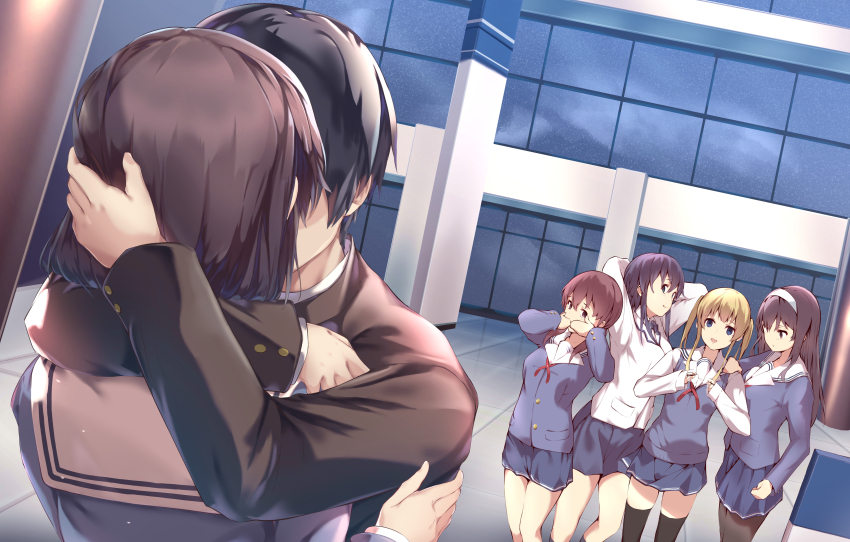 1boy 5girls absurdres aki_tomoya aotsuki_kaoru arms_behind_head black_hair black_pantyhose black_shirt black_thighhighs blonde_hair blue_eyes blue_jacket blue_skirt brown_eyes brown_hair building commentary_request covering_own_mouth hair_between_eyes hand_on_another&#039;s_shoulder hashima_izumi highres hug hyoudou_michiru jacket kasumigaoka_utaha kiss long_hair long_sleeves looking_at_viewer multiple_girls pantyhose purple_eyes saenai_heroine_no_sodatekata sailor_collar sawamura_spencer_eriri school school_uniform shirt short_hair sidelocks skirt standing sweater_vest thighhighs twintails white_jacket white_sailor_collar white_shirt