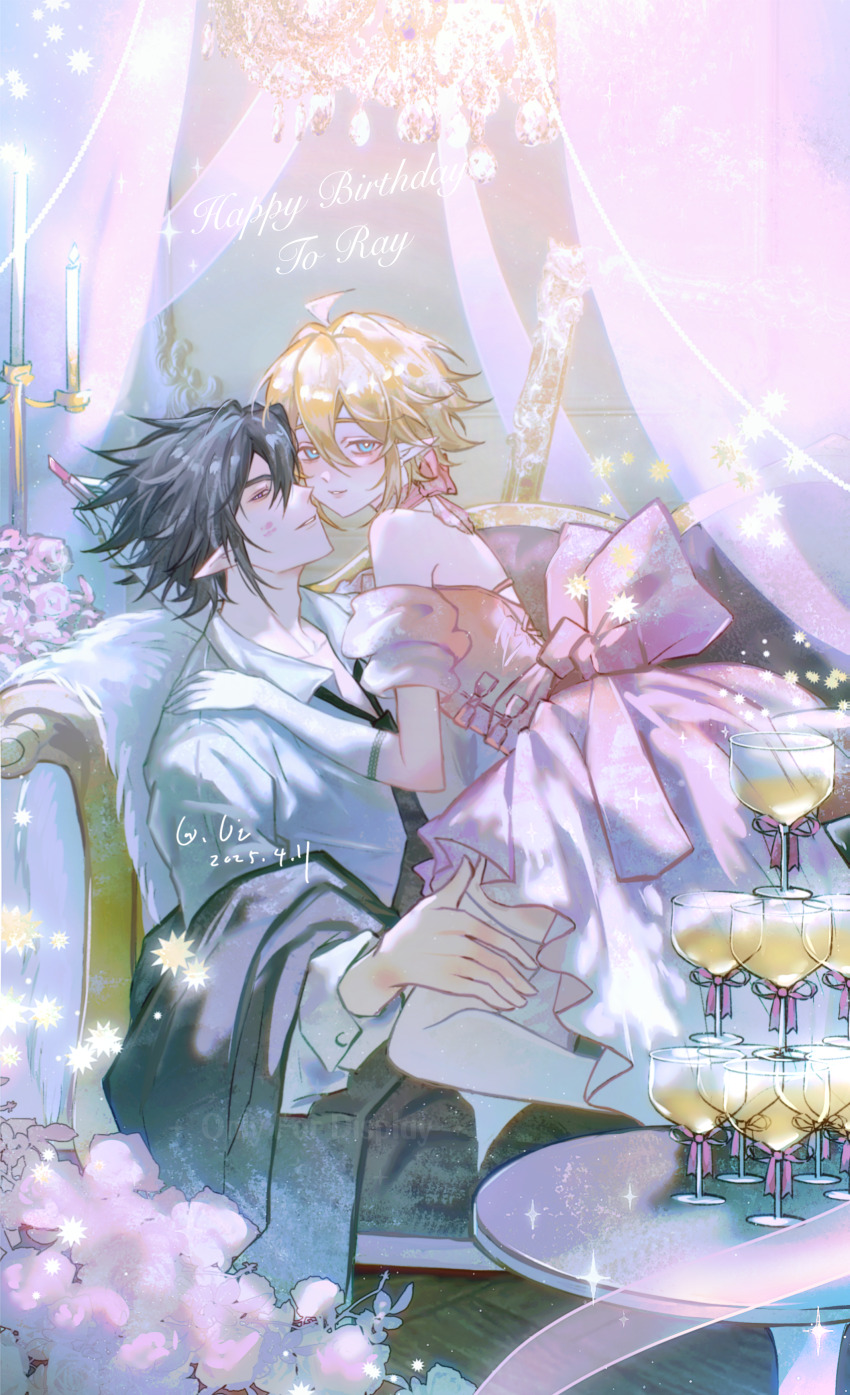 2boys absurdres alternate_costume aotu_world artist_name bishounen black_hair black_jacket black_necktie blonde_hair blue_eyes blush bow bowtie candle chandelier chinese_commentary cosmetics couch crossdressing cup curtains dated dress drinking_glass earrings english_text flower hair_between_eyes hair_ornament hand_on_another&#039;s_shoulder hand_on_another&#039;s_thigh happy_birthday highres holding holding_lipstick_tube jacket jacket_partially_removed jewelry king_(aotu_world) lipstick_mark lipstick_tube looking_at_another male_focus multiple_boys necktie on_couch pink_bow pink_bowtie pink_dress plutoray pointy_ears purple_eyes ray_(aotu_world) shirt short_hair sitting sitting_on_person smile sparkle table trap white_shirt wine_glass yaoi