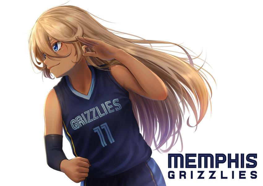 1girl azur_lane basketball basketball_uniform blonde_hair blue_eyes elbow_sleeve long_hair memphis_grizzlies mike_conley name_conscious national_basketball_association simple_background sportswear tennessee_(azur_lane) upper_body white_background yakkuro