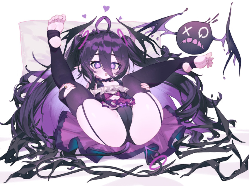 1girl :o black_bridal_gauntlets black_garter_straps black_panties black_thighhighs breasts bridal_gauntlets clothing_cutout creature demon_girl demon_tail demon_wings dress garter_straps hair_between_eyes head_wings heart highres knees_to_chest long_hair lting lying medium_dress mosou_keito navel navel_cutout no_pupils on_back original panties purple_dress purple_eyes purple_hair small_breasts solo spread_legs tail teeth thighhighs toeless_legwear twintails underwear upper_teeth_only very_long_hair wings