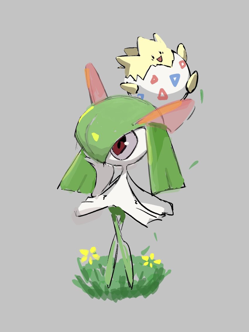 black_eyes colored_skin flower gen_2_pokemon gen_3_pokemon grass green_hair green_skin grey_background hair_over_one_eye hand_on_own_cheek hand_on_own_face highres horns kirlia multicolored_skin mxlaghrsuk33yws nintendo on_grass open_mouth pink_eyes pokemon pokemon_(creature) sidelocks simple_background smile togepi two-tone_skin white_skin