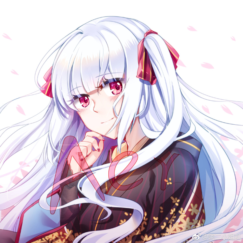 1girl aer_(tengqiu) alternate_costume blush closed_mouth essex_(warship_girls_r) floating_hair floral_print hair_ribbon highres japanese_clothes kimono long_hair long_sleeves looking_at_viewer nail_polish petals pink_nails red_eyes red_ribbon ribbon smile solo two_side_up upper_body warship_girls_r watermark weibo_watermark weibo_watermark white_background white_hair wide_sleeves