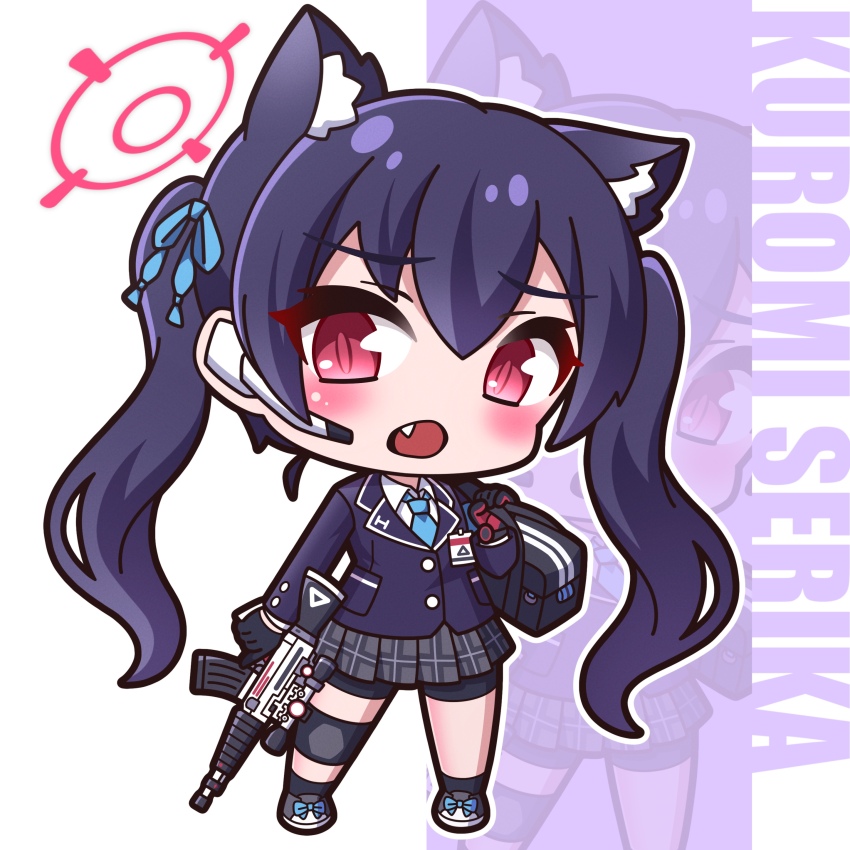 1girl absurdres animal_ear_fluff animal_ears assault_rifle bag beretta_ar70/90 bike_shorts black_gloves black_hair black_shorts black_socks blazer blue_archive blue_necktie blue_ribbon blush cat_ears character_name chibi collared_shirt commentary_request fang full_body gloves grey_shoes grey_skirt gun hair_between_eyes hair_ribbon halo headset highres holding holding_bag holding_gun holding_weapon jacket long_hair looking_at_viewer necktie open_mouth plaid_clothes plaid_skirt pleated_skirt purple_background purple_jacket red_eyes ribbon rifle saishosaisekojo school_uniform serika_(blue_archive) shirt shoes shorts shorts_under_skirt skirt socks solo standing twintails two-tone_background very_long_hair weapon white_background white_shirt zoom_layer