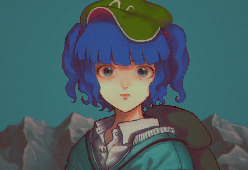 1girl 3: backpack bag blue_background blue_eyes blue_hair blue_jacket blunt_bangs collared_shirt crying flat_cap green_hat hair_bobbles hair_ornament hat highres jacket kappa kawashiro_nitori looking_at_viewer medium_hair mountain mountain_of_faith pout shirt short_twintails sidelocks solo tearing_up touhou twintails two_side_up white_shirt zero_nana