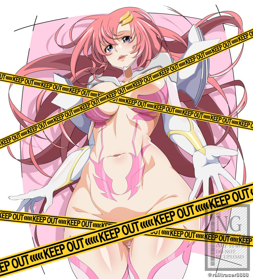 1girl absurdres artist_name blue_eyes blush breasts caution_tape censored commentary_request cowboy_shot english_text gluteal_fold gundam gundam_seed gundam_seed_freedom hair_ornament highres keep_out lacus_clyne large_breasts lips long_hair looking_at_viewer mixed-language_text open_mouth pink_hair purple_eyes railtracer8888 revealing_clothes skin_tight smile solo tape_censor thighs twitter_username very_long_hair watermark