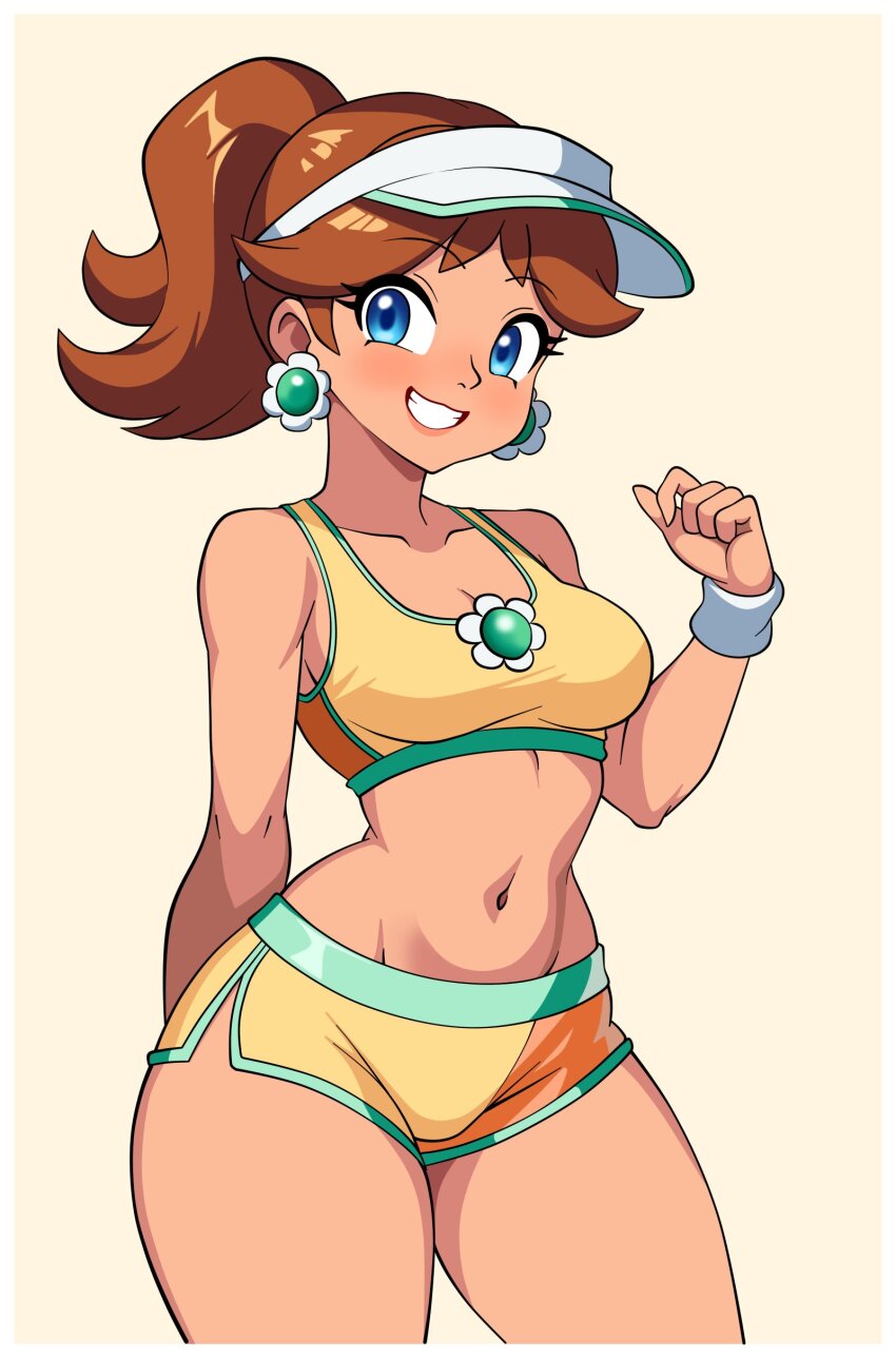 1girl absurdres blue_eyes blush breasts brown_hair earrings flower_earrings highres jewelry long_hair looking_at_viewer mario_(series) mario_kart mario_kart_world mcarthur1010 midriff navel nintendo princess princess_daisy princess_daisy_(swimwear)_(mario_kart_world) shorts simple_background smile solo sports_bra visor_cap yellow_shorts yellow_sports_bra