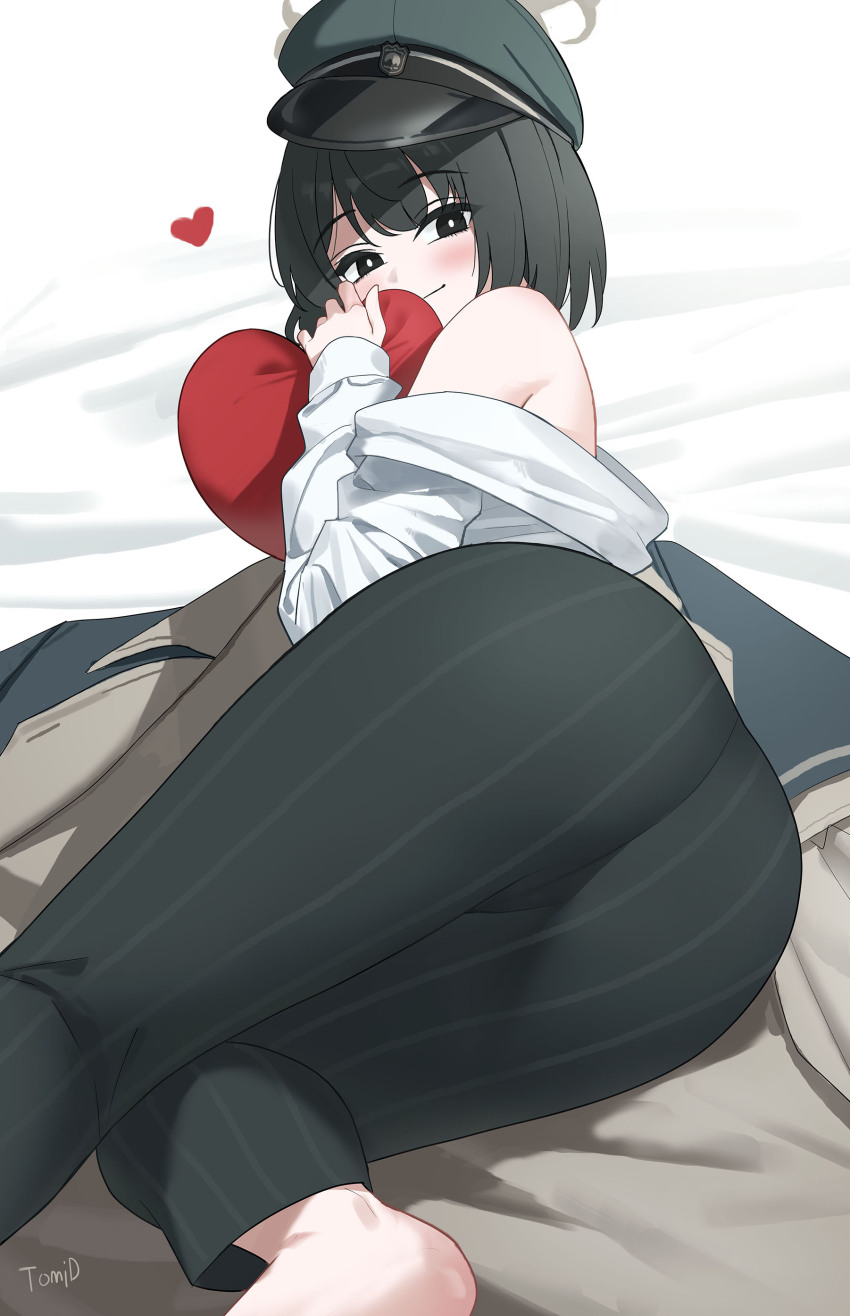 1girl absurdres ass black_eyes blue_archive brown_halo green_hat halo hat heart heart-shaped_pillow highres hiromi_(blue_archive) pants peaked_cap pillow shirt solo striped_clothes striped_pants tomid vertical-striped_clothes vertical-striped_pants white_shirt
