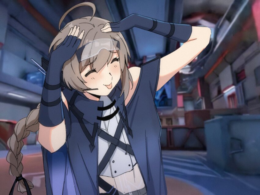 1girl ^_^ ah_eto..._bleh_(meme) ahichiru ahoge blush braid braided_ponytail brown_hair closed_eyes commentary english_commentary eyewear_on_head fingerless_gloves game_screenshot_background gloves hands_on_own_head highres kokona_(strinova) long_hair meme ponytail safety_glasses screenshot_background smile solo strinova tongue tongue_out upper_body