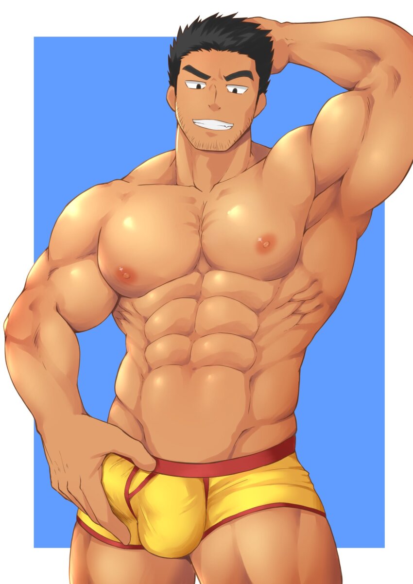 1boy abs arm_behind_head armpits bara beard_stubble black_eyes black_hair boxer_briefs bulge erection erection_under_clothes facial_hair grin hand_on_own_penis highres huge_eyebrows large_pectorals looking_at_viewer lucas_lee male_focus male_underwear muscular muscular_male nipples pectorals ryotaro_810 scott_pilgrim_(series) scott_pilgrim_takes_off short_hair smile solo stubble underwear underwear_only yellow_male_underwear