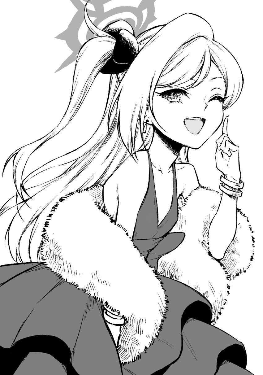 1girl bare_shoulders blue_archive dress flat_chest fur_shawl greyscale halo haruhito_(divineshalt) highres index_finger_raised long_hair looking_at_viewer monochrome mutsuki_(blue_archive) mutsuki_(dress)_(blue_archive) one_eye_closed shawl smile solo