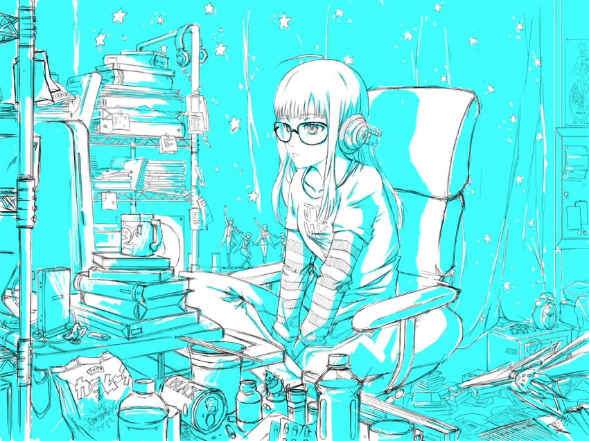 10s 1girl ahoge alarm_clock animated animated_gif atelier_gokujou blinking book can chair chopsticks clock cup curtains female_focus glasses headphones indian_style indoors jack_frost_(megami_tensei) jacket long_hair monitor monochrome mug open_mouth outstretched_arm persona persona_5 router sakura_futaba sitting sketch solo star_(symbol) striped yawning