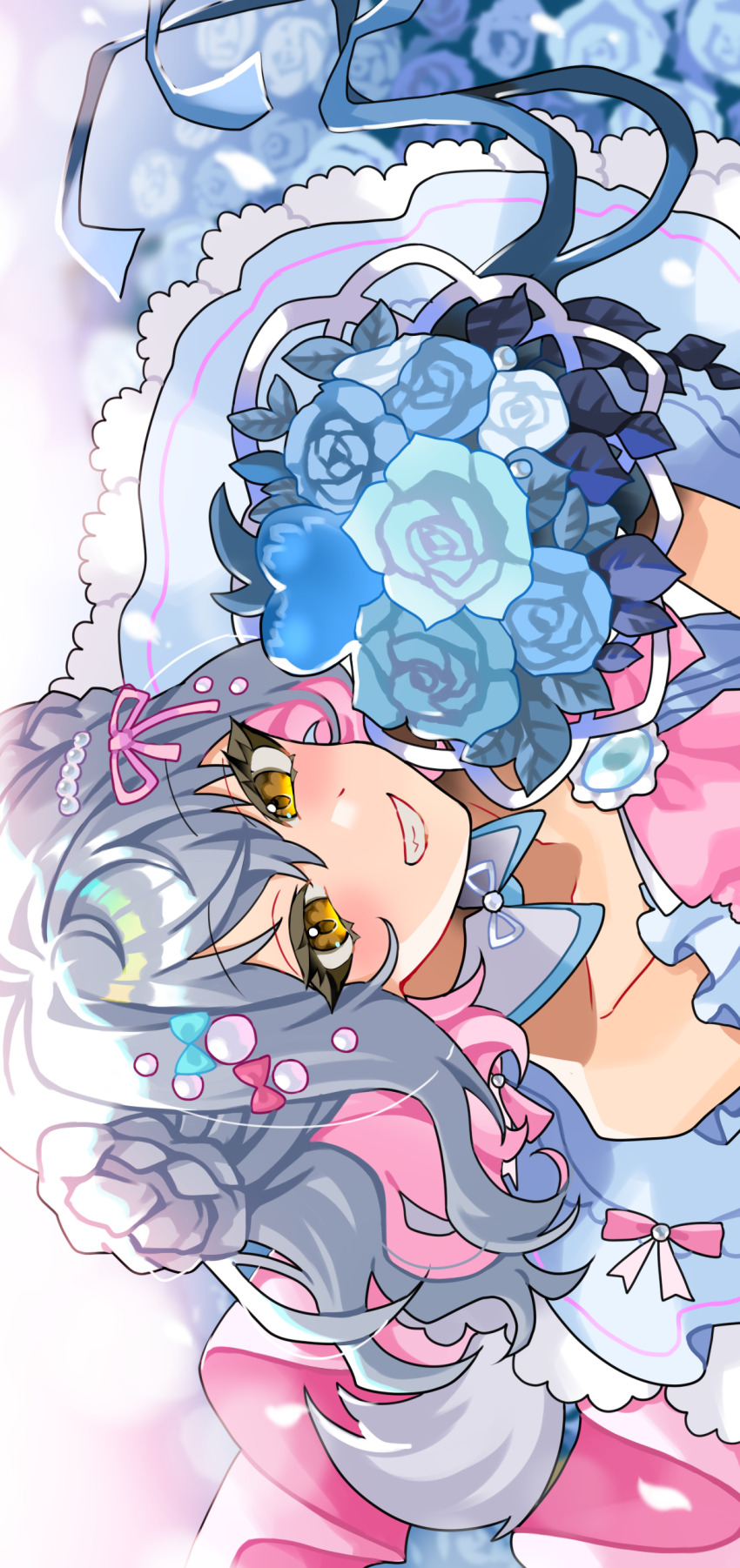 1boy absurdres alternate_costume blue_flower bouquet closed_mouth double_bun dress flower grey_hair hair_bun highres holding holding_bouquet inuyama_tamaki kamo860 looking_at_viewer medium_hair noripro pink_dress smile solo trap virtual_youtuber yellow_eyes