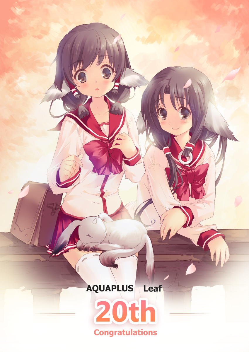 10s 2girls absurdres animal animal_ears animal_on_lap anniversary arm_support aruruu bag black_eyes black_hair blouse blush bow briefcase clenched_hand company_name congratulations dog_ears english_text eruruu flat_chest gachatara hair_ornament hair_tie hair_tubes highres ihet jewelry leaning_forward long_hair long_sleeves looking_at_viewer low_twintails miniskirt multiple_girls on_lap parted_bangs parted_lips petals pleated_skirt red_skirt ribbon-trimmed_legwear ribbon-trimmed_thighhighs ribbon_trim ring school_bag school_uniform serafuku shirt short_twintails siblings sidelocks sisters sitting skirt smile standing surprised text_focus thighhighs triangle_mouth twintails utawarerumono utawarerumono:_itsuwari_no_kamen white_legwear white_shirt zettai_ryouiki